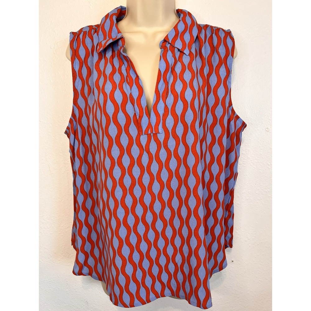 Loft Sleeveless Wave-Print Sleeveless Blouse - Orange & Blue